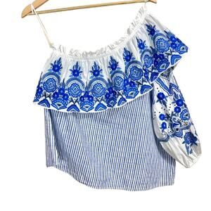 Parker 1 Shoulder Embroidered Ruffle Striped Cotton Top Size Small